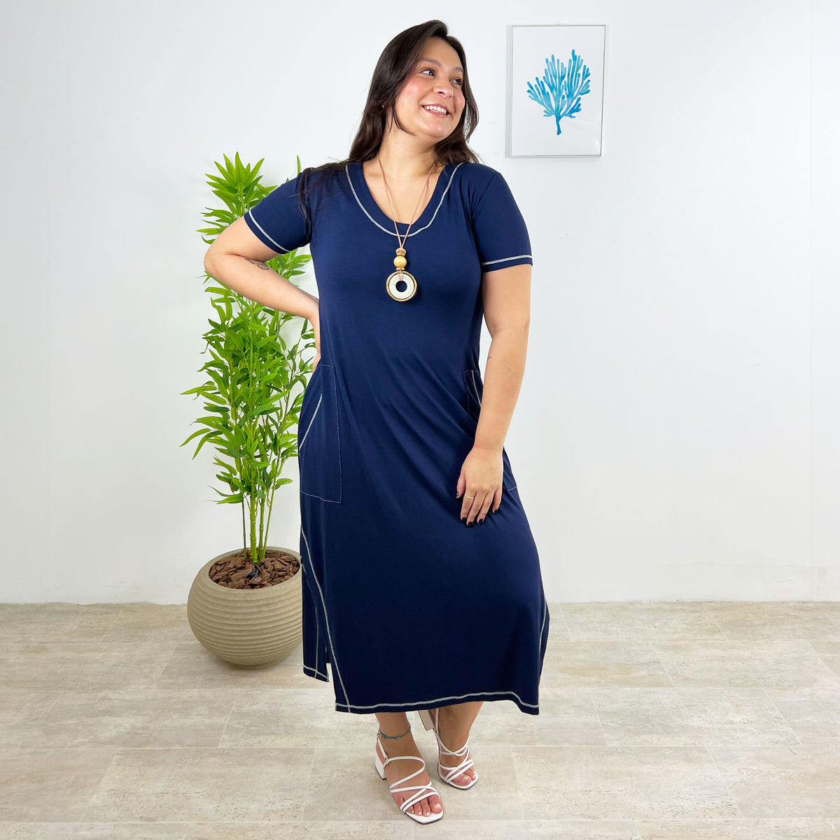 Vestido Visco Sampel Pespontado